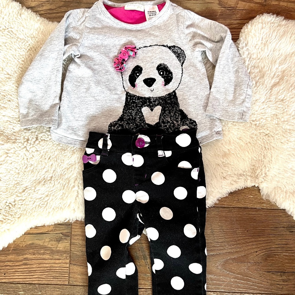 Panda shirt with Gymboree polka dot pants.